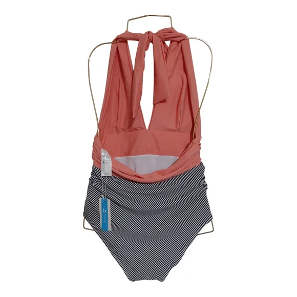 NWT Cupshe Coral and Black Striped Ruched Tummy Swimsuit Sz L‎ - Picture 2 of 9